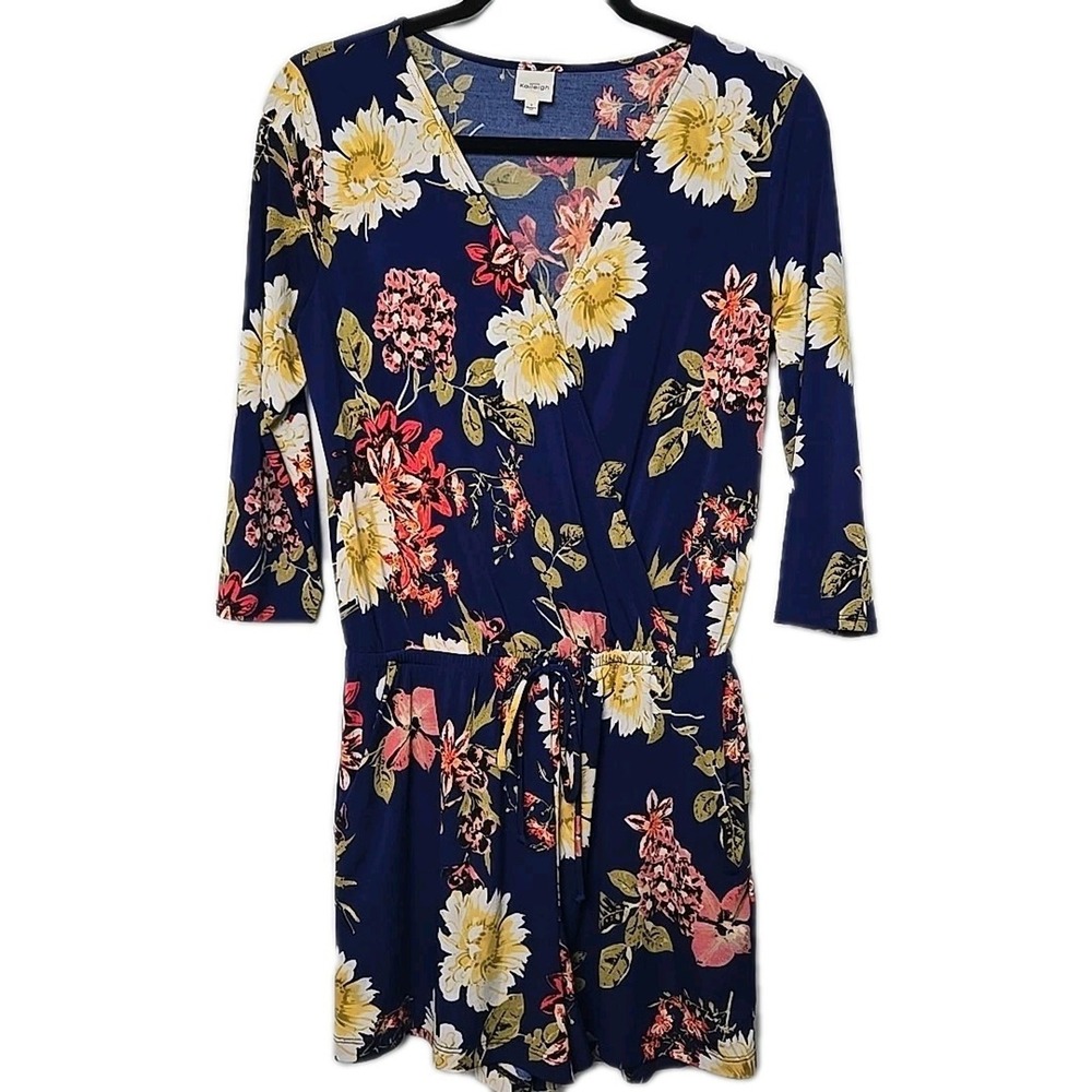 Kayleigh Blue Floral Stretch-Knit 3/4 Sleeve Romper Smallβ S V-Neck Pockets